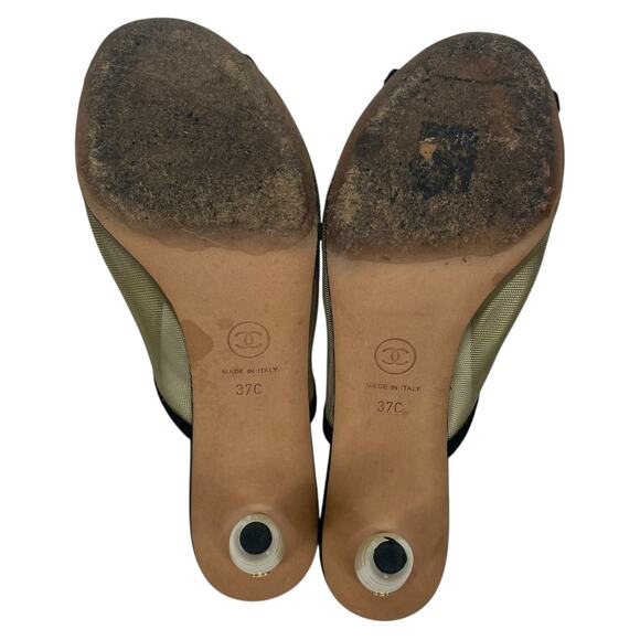 Chanel Mesh Goatskin Pearl Heel Mules Slip On Black Tan Size 37.5C - Picture 11 of 14
